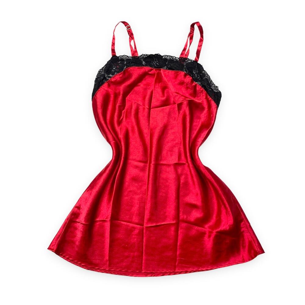 Red satin and black lace trim slip dress size medium
